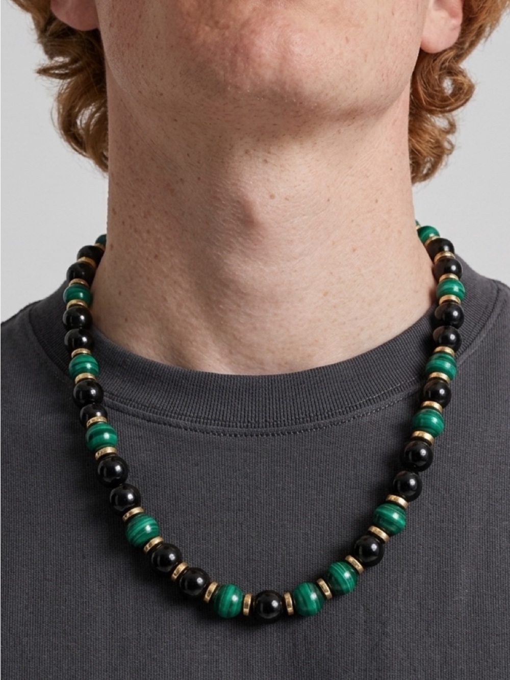 Unique Design Men's Beaded Necklace with Green and Black Beads